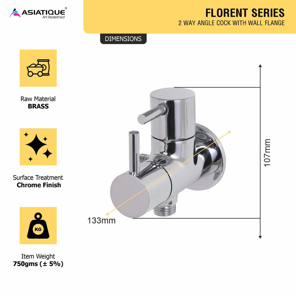 Asiatique 2 Way Angle Cock With Wall Flange (F-005TW), Florent Premium Brass Bathroom & Kitchen Faucet Collection, Chrome Finish Mixer, Pillar Cock & Wall Mounted Tap