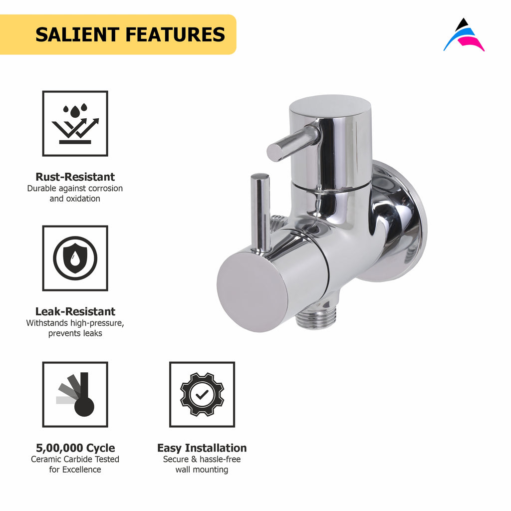Asiatique 2 Way Angle Cock With Wall Flange (F-005TW), Florent Premium Brass Bathroom & Kitchen Faucet Collection, Chrome Finish Mixer, Pillar Cock & Wall Mounted Tap