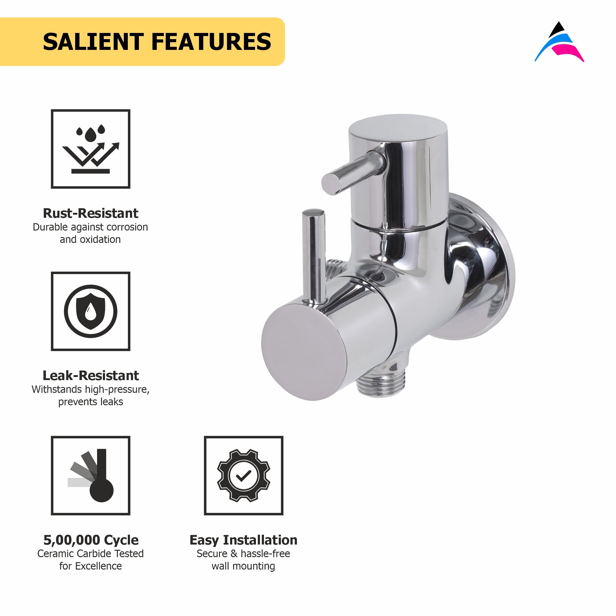 Asiatique 2 Way Angle Cock With Wall Flange (F-005TW), Florent Premium Brass Bathroom & Kitchen Faucet Collection, Chrome Finish Mixer, Pillar Cock & Wall Mounted Tap