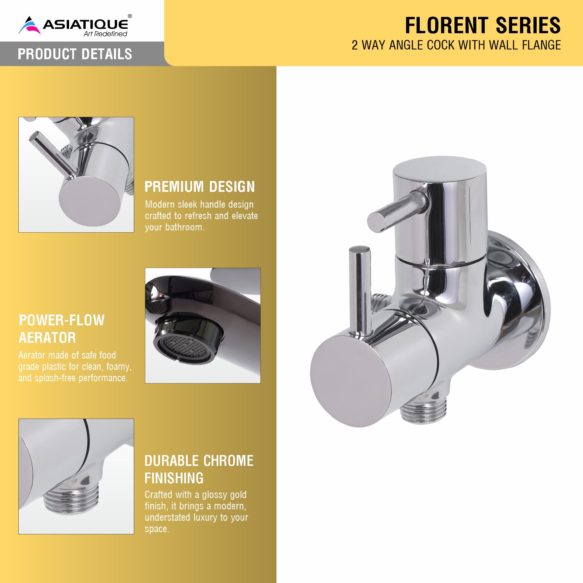 Asiatique 2 Way Angle Cock With Wall Flange (F-005TW), Florent Premium Brass Bathroom & Kitchen Faucet Collection, Chrome Finish Mixer, Pillar Cock & Wall Mounted Tap