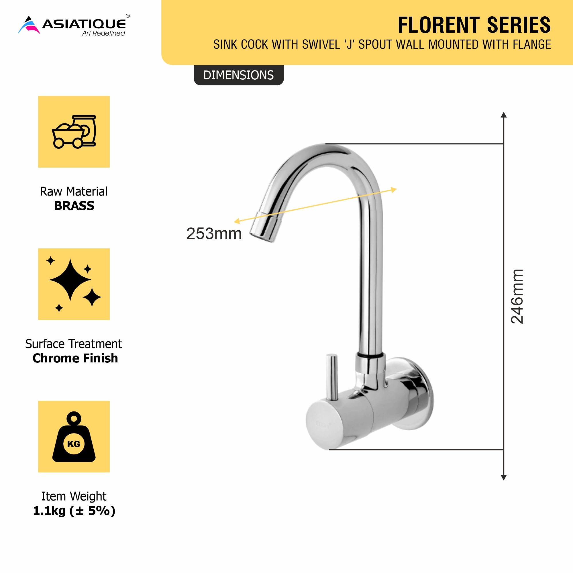 Asiatique Sink Cock With Swivel ‘J’ Spout Wall Mounted With Flange (F-008), Florent Premium Brass Bathroom & Kitchen Faucet Collection, Chrome Finish Mixer, Pillar Cock & Wall Mounted Tap