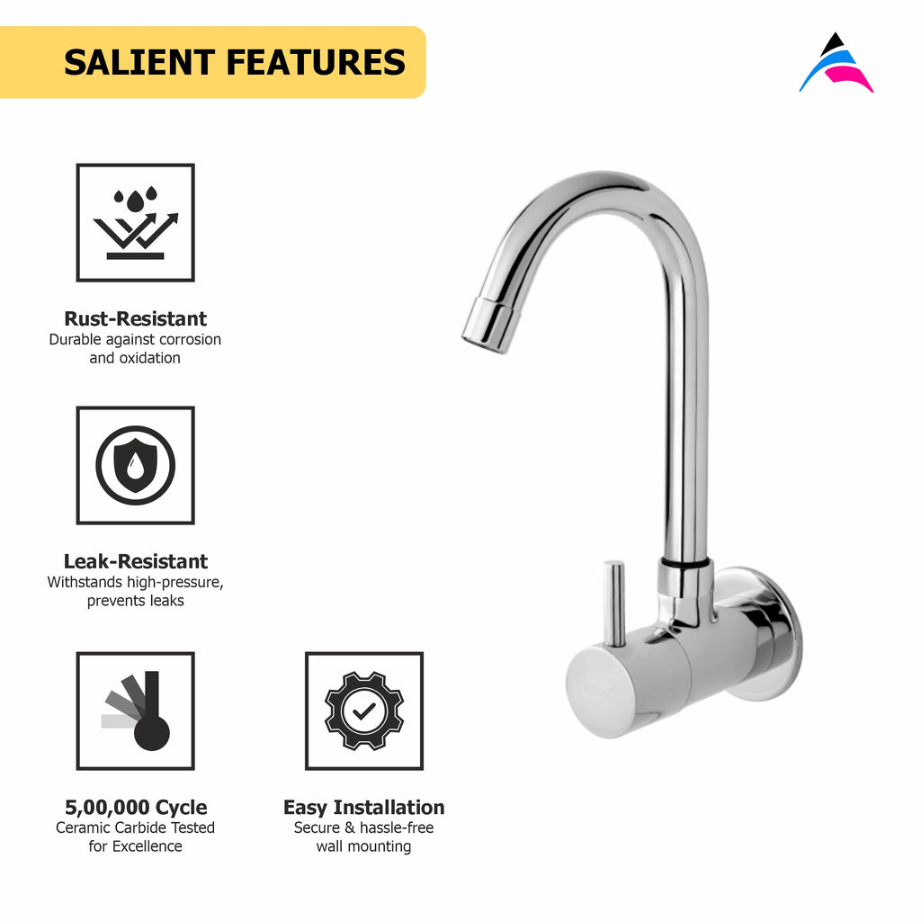 Asiatique Sink Cock With Swivel ‘J’ Spout Wall Mounted With Flange (F-008), Florent Premium Brass Bathroom & Kitchen Faucet Collection, Chrome Finish Mixer, Pillar Cock & Wall Mounted Tap