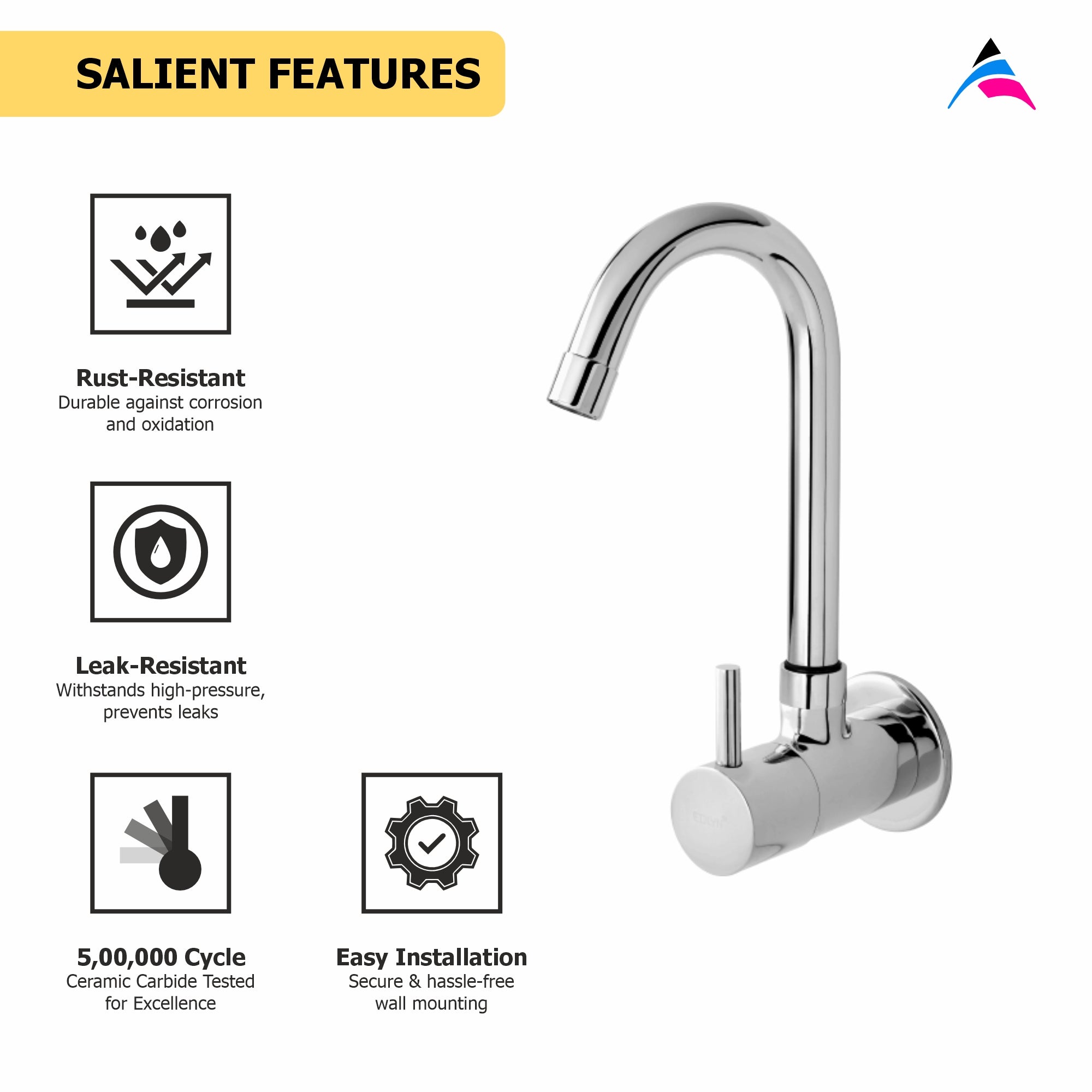Asiatique Sink Cock With Swivel ‘J’ Spout Wall Mounted With Flange (F-008), Florent Premium Brass Bathroom & Kitchen Faucet Collection, Chrome Finish Mixer, Pillar Cock & Wall Mounted Tap