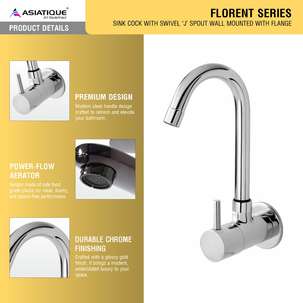 Asiatique Sink Cock With Swivel ‘J’ Spout Wall Mounted With Flange (F-008), Florent Premium Brass Bathroom & Kitchen Faucet Collection, Chrome Finish Mixer, Pillar Cock & Wall Mounted Tap
