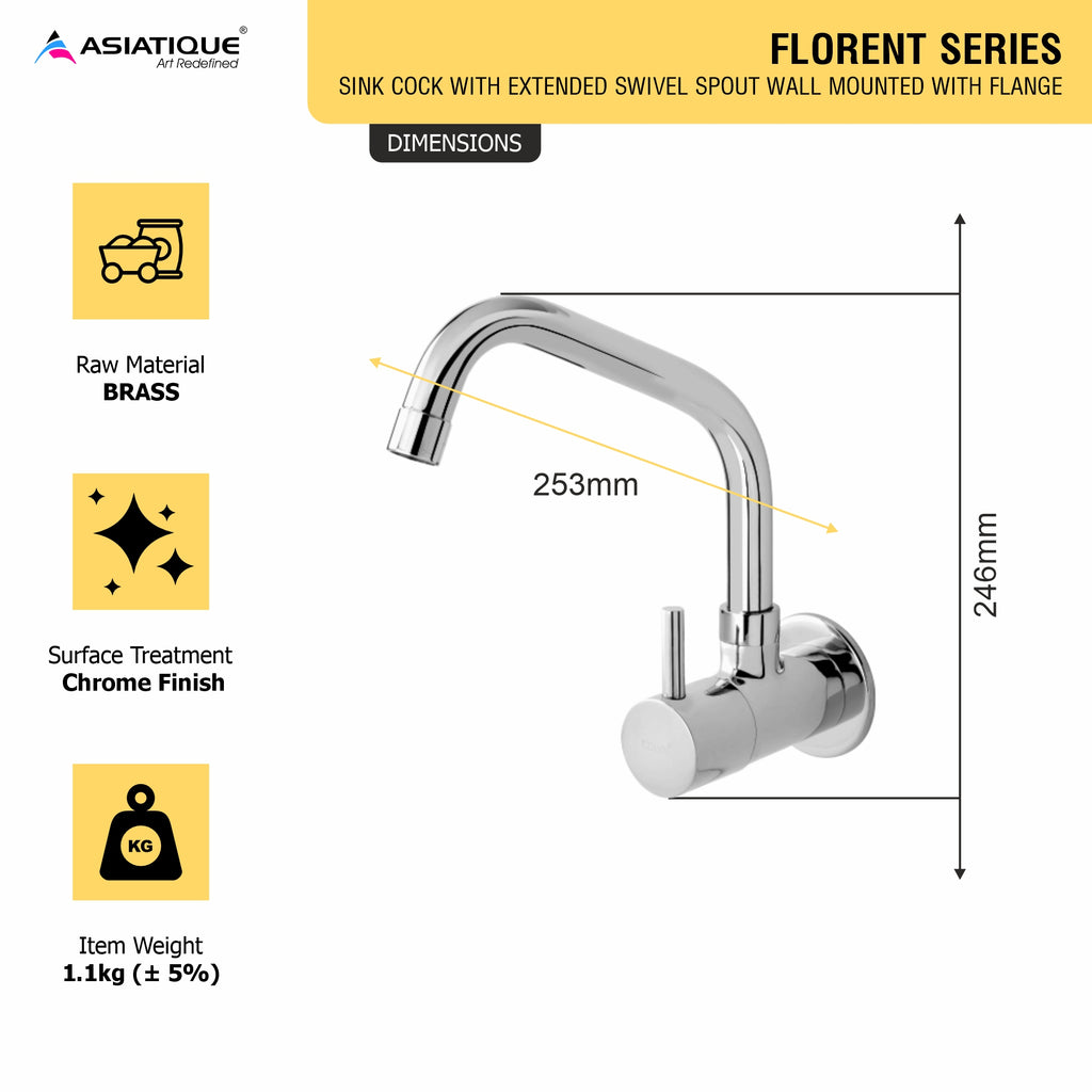 Asiatique Sink Cock With Extended Swivel Spout Wall Mounted With Flange (F-008EX), Florent Premium Brass Bathroom & Kitchen Faucet Collection, Chrome Finish Mixer, Pillar Cock & Wall Mounted Tap