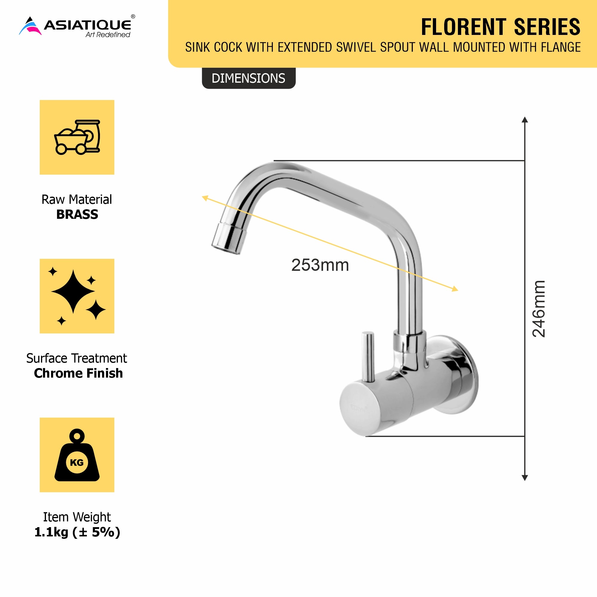 Asiatique Sink Cock With Extended Swivel Spout Wall Mounted With Flange (F-008EX), Florent Premium Brass Bathroom & Kitchen Faucet Collection, Chrome Finish Mixer, Pillar Cock & Wall Mounted Tap