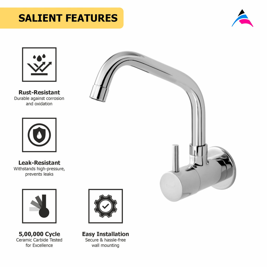 Asiatique Sink Cock With Extended Swivel Spout Wall Mounted With Flange (F-008EX), Florent Premium Brass Bathroom & Kitchen Faucet Collection, Chrome Finish Mixer, Pillar Cock & Wall Mounted Tap