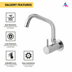 Asiatique Sink Cock With Extended Swivel Spout Wall Mounted With Flange (F-008EX), Florent Premium Brass Bathroom & Kitchen Faucet Collection, Chrome Finish Mixer, Pillar Cock & Wall Mounted Tap