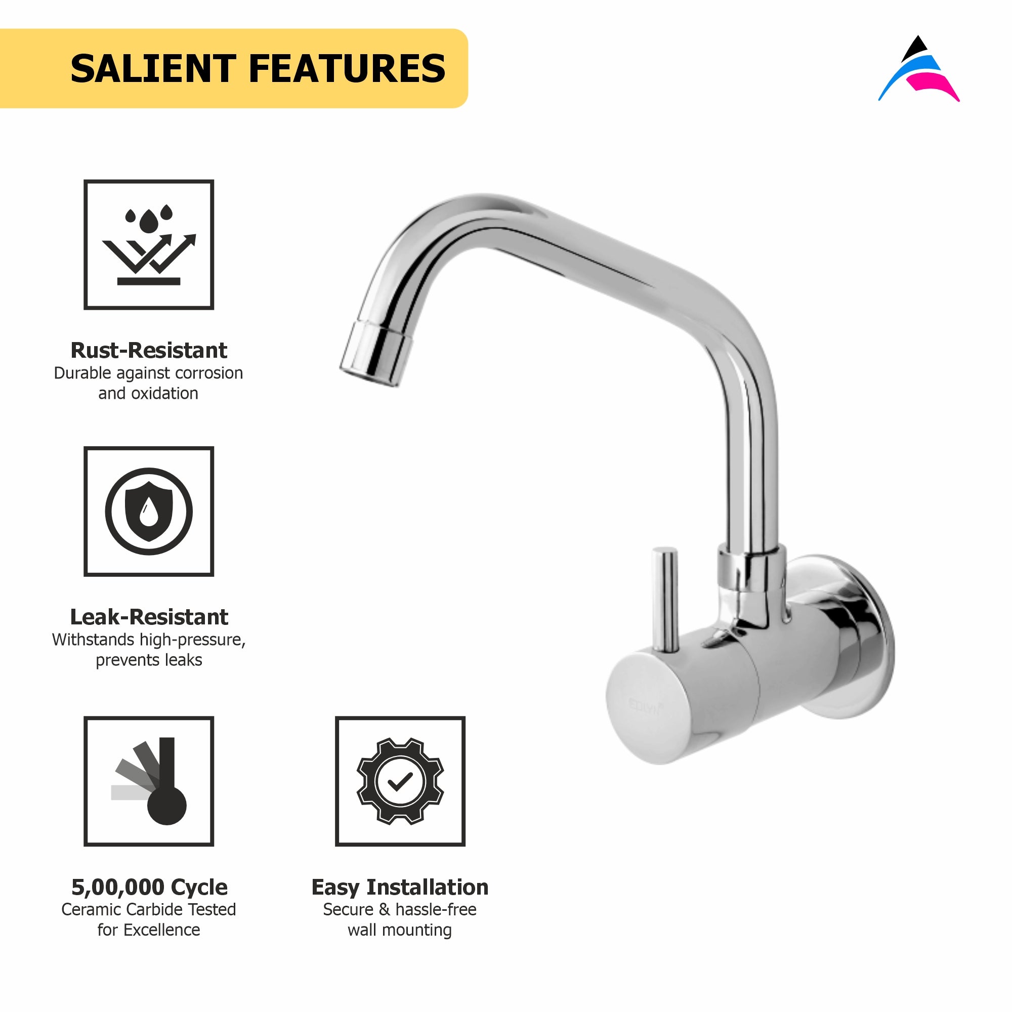 Asiatique Sink Cock With Extended Swivel Spout Wall Mounted With Flange (F-008EX), Florent Premium Brass Bathroom & Kitchen Faucet Collection, Chrome Finish Mixer, Pillar Cock & Wall Mounted Tap