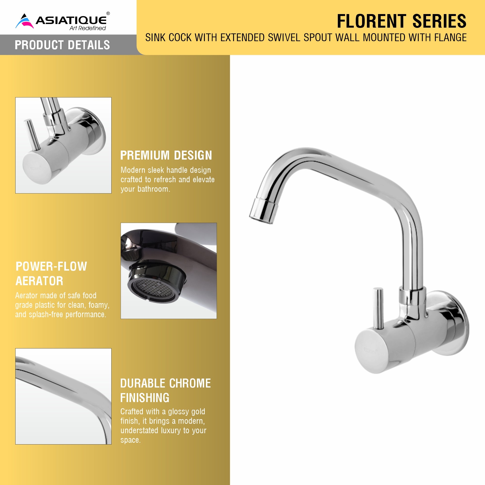 Asiatique Sink Cock With Extended Swivel Spout Wall Mounted With Flange (F-008EX), Florent Premium Brass Bathroom & Kitchen Faucet Collection, Chrome Finish Mixer, Pillar Cock & Wall Mounted Tap