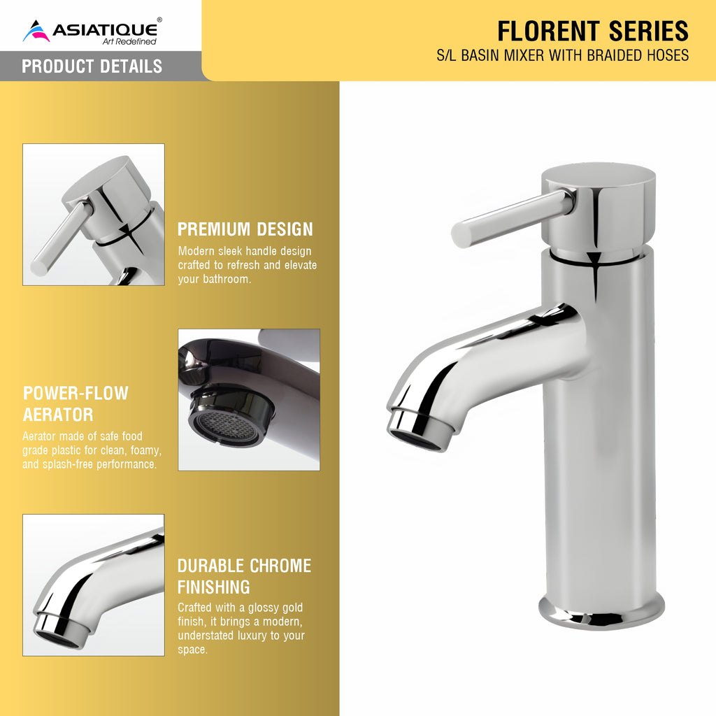 Asiatique S/L Basin Mixer With Braided Hoses (F-009), Florent Premium Brass Bathroom & Kitchen Faucet Collection, Chrome Finish Mixer, Pillar Cock & Wall Mounted Tap