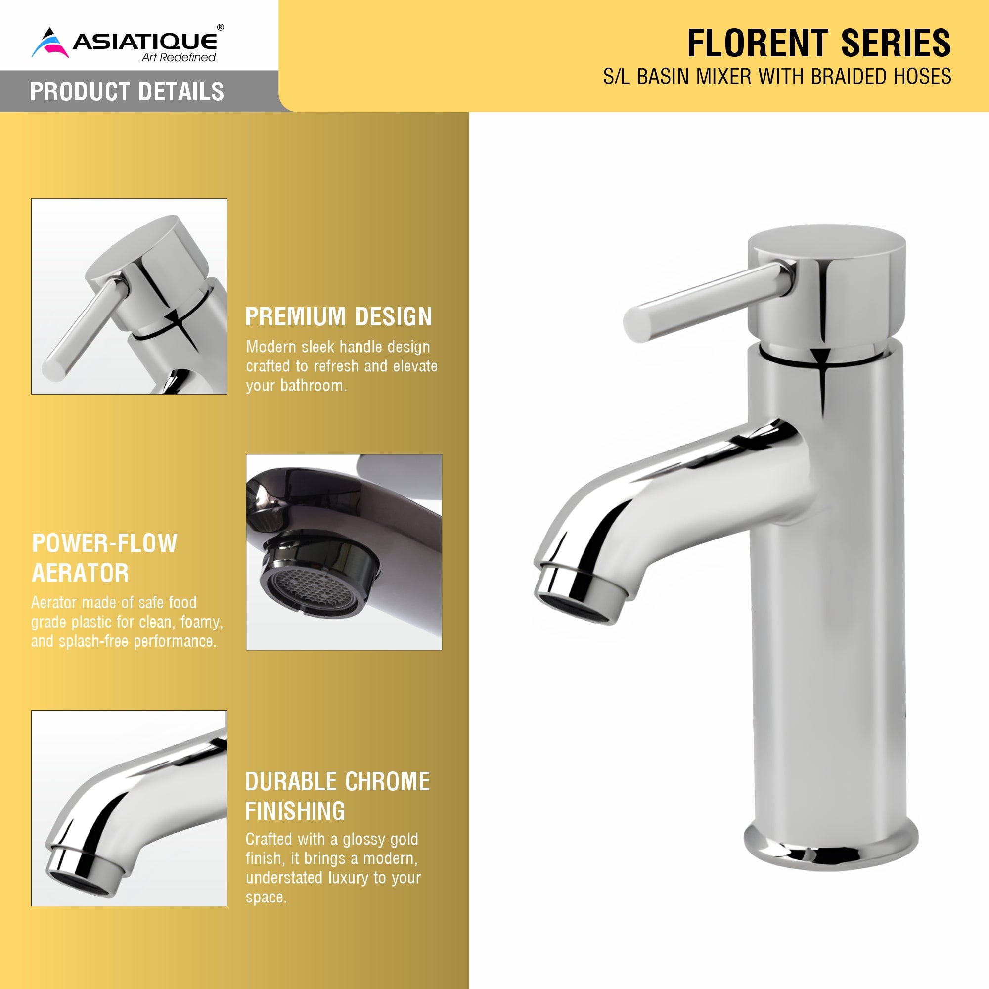 Asiatique S/L Basin Mixer With Braided Hoses (F-009), Florent Premium Brass Bathroom & Kitchen Faucet Collection, Chrome Finish Mixer, Pillar Cock & Wall Mounted Tap