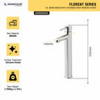 Asiatique S/L Basin Mixer With Extended Body Braided Hoses (F-009EX), Florent Premium Brass Bathroom & Kitchen Faucet Collection, Chrome Finish Mixer, Pillar Cock & Wall Mounted Tap