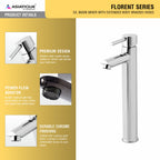 Asiatique S/L Basin Mixer With Extended Body Braided Hoses (F-009EX), Florent Premium Brass Bathroom & Kitchen Faucet Collection, Chrome Finish Mixer, Pillar Cock & Wall Mounted Tap