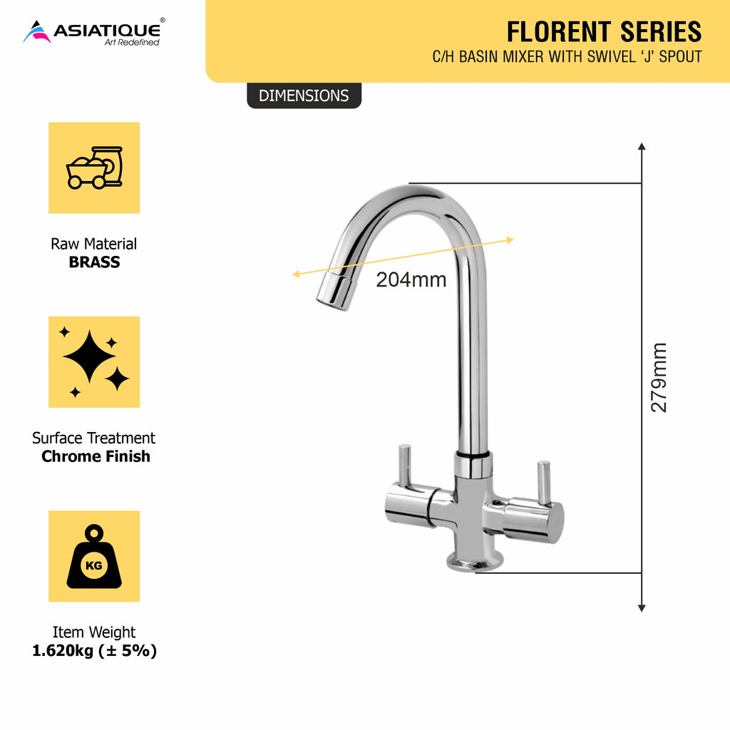 Asiatique C/H Basin Mixer With Swivel ‘J’ Spout (F-011), Florent Premium Brass Bathroom & Kitchen Faucet Collection, Chrome Finish Mixer, Pillar Cock & Wall Mounted Tap