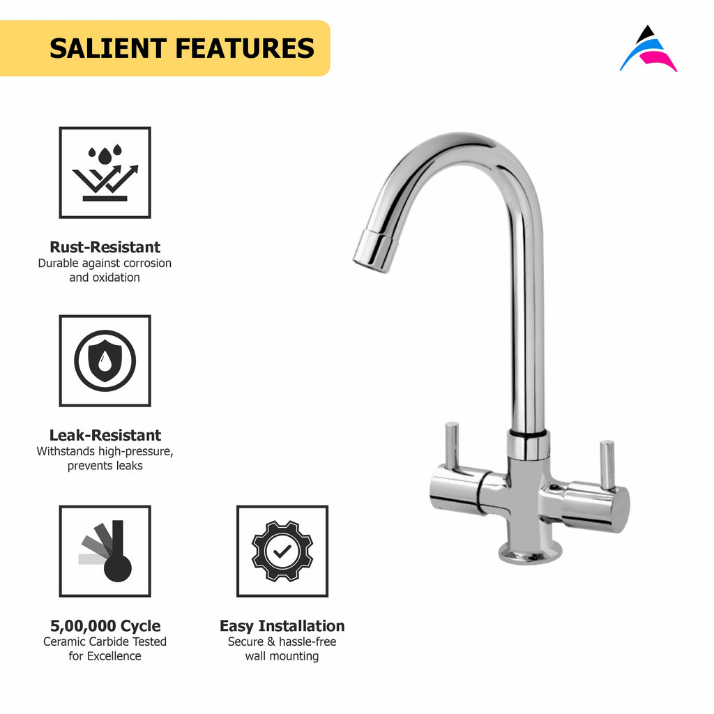 Asiatique C/H Basin Mixer With Swivel ‘J’ Spout (F-011), Florent Premium Brass Bathroom & Kitchen Faucet Collection, Chrome Finish Mixer, Pillar Cock & Wall Mounted Tap