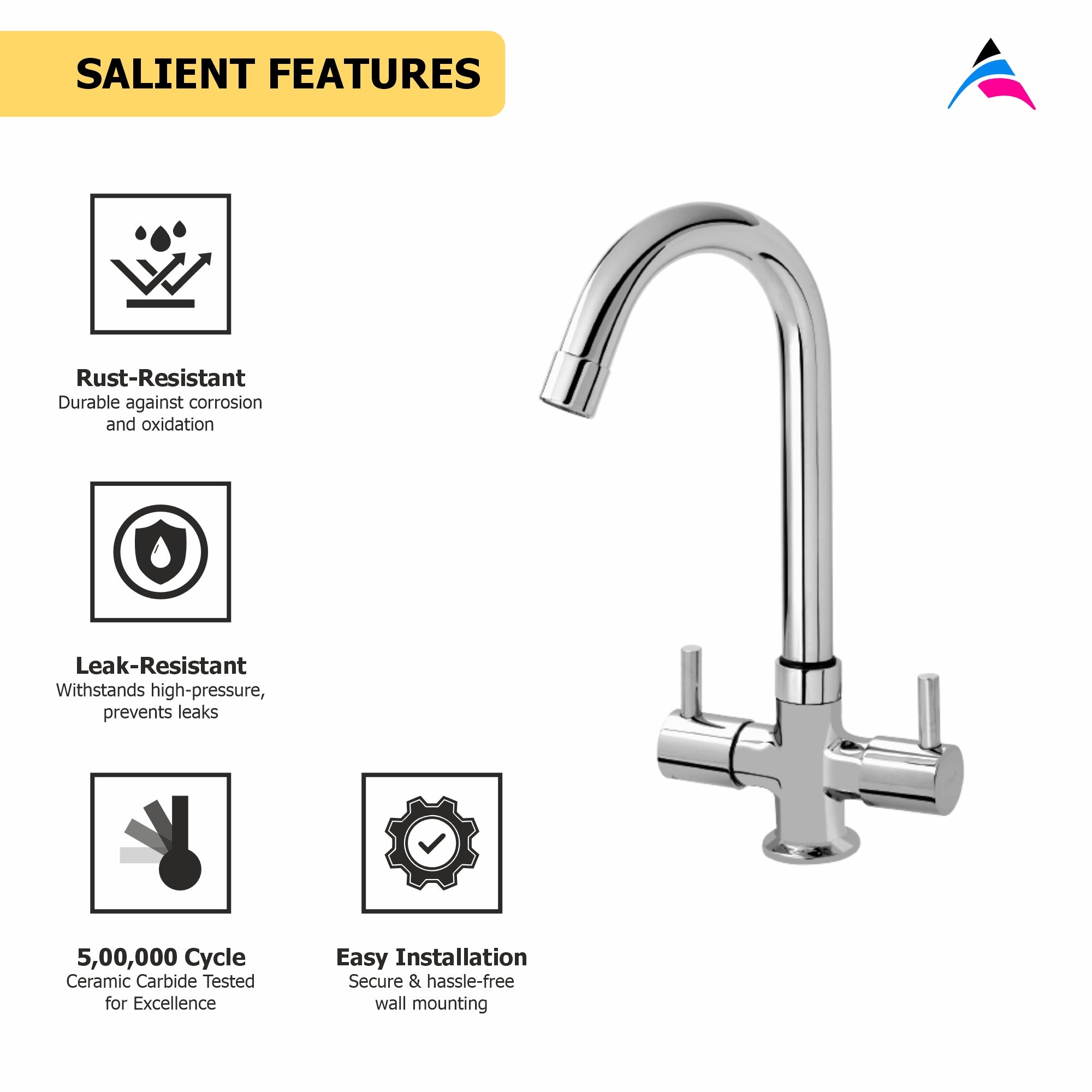 Asiatique C/H Basin Mixer With Swivel ‘J’ Spout (F-011), Florent Premium Brass Bathroom & Kitchen Faucet Collection, Chrome Finish Mixer, Pillar Cock & Wall Mounted Tap
