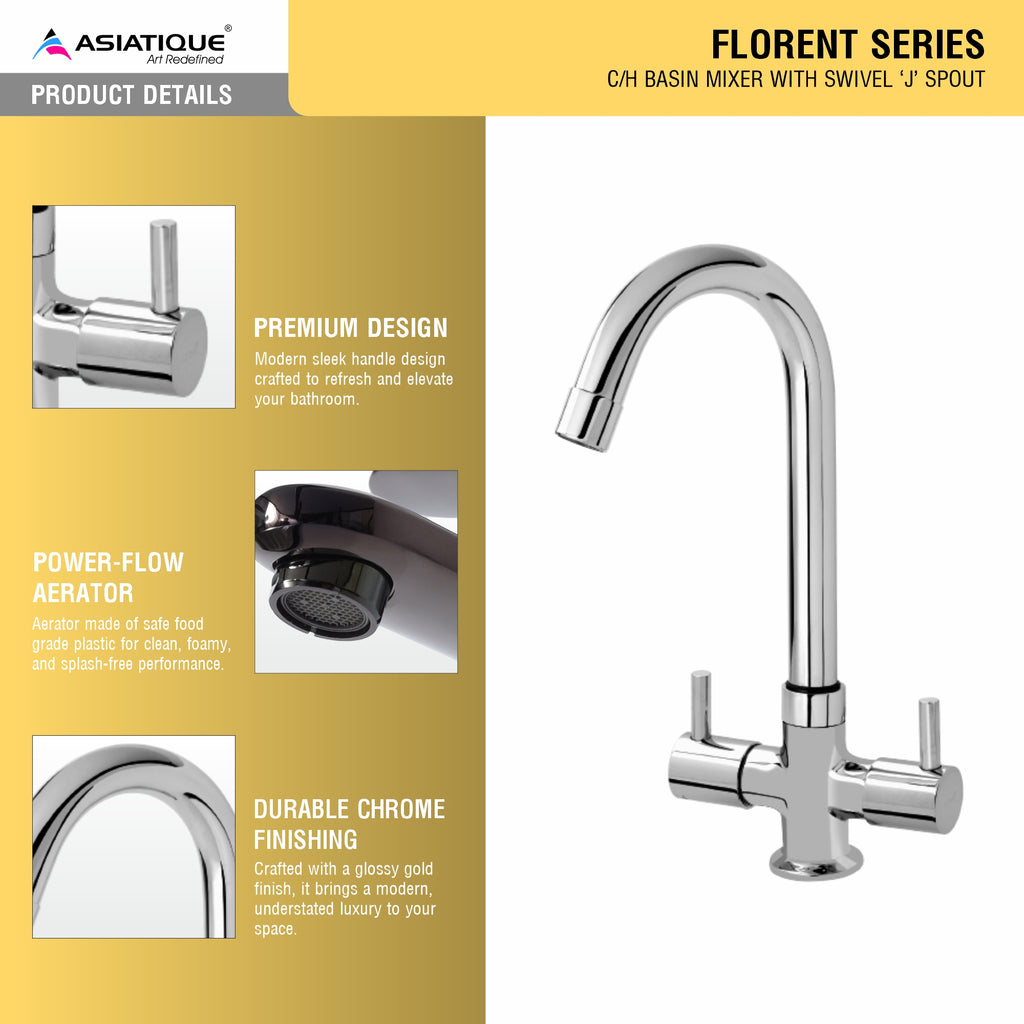 Asiatique C/H Basin Mixer With Swivel ‘J’ Spout (F-011), Florent Premium Brass Bathroom & Kitchen Faucet Collection, Chrome Finish Mixer, Pillar Cock & Wall Mounted Tap