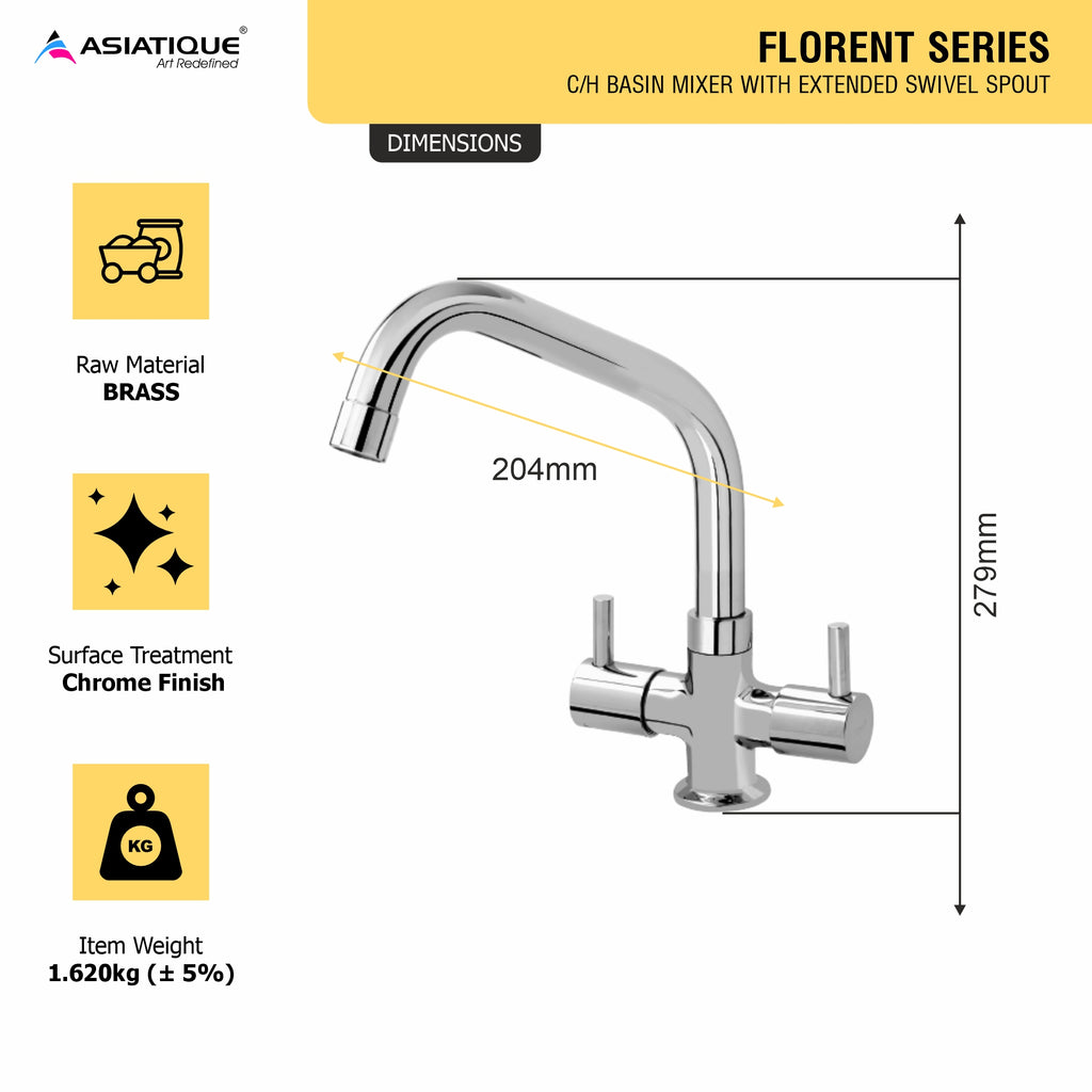 Asiatique C/H Basin Mixer With Extended Swivel Spout (F-011EX), Florent Premium Brass Bathroom & Kitchen Faucet Collection, Chrome Finish Mixer, Pillar Cock & Wall Mounted Tap