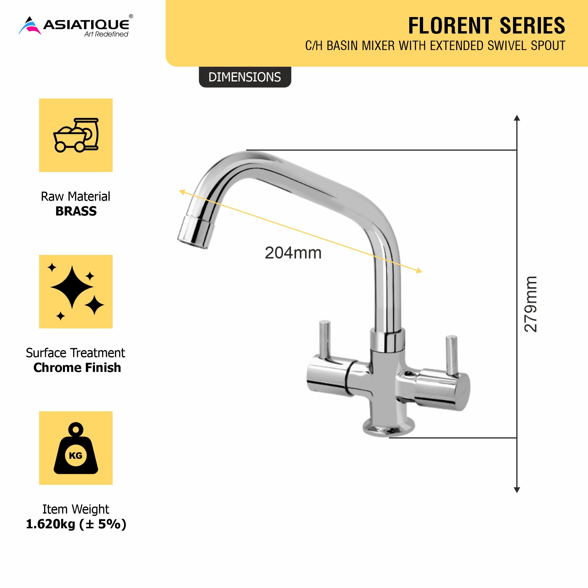 Asiatique C/H Basin Mixer With Extended Swivel Spout (F-011EX), Florent Premium Brass Bathroom & Kitchen Faucet Collection, Chrome Finish Mixer, Pillar Cock & Wall Mounted Tap