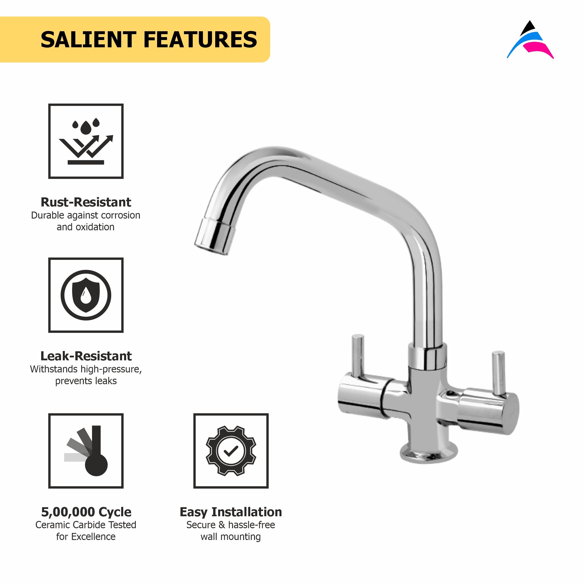 Asiatique C/H Basin Mixer With Extended Swivel Spout (F-011EX), Florent Premium Brass Bathroom & Kitchen Faucet Collection, Chrome Finish Mixer, Pillar Cock & Wall Mounted Tap