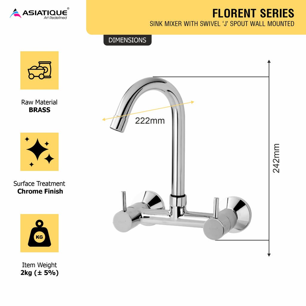 Asiatique Sink Mixer With Swivel ‘J’ Spout Wall Mounted (F-013), Florent Premium Brass Bathroom & Kitchen Faucet Collection, Chrome Finish Mixer, Pillar Cock & Wall Mounted Tap