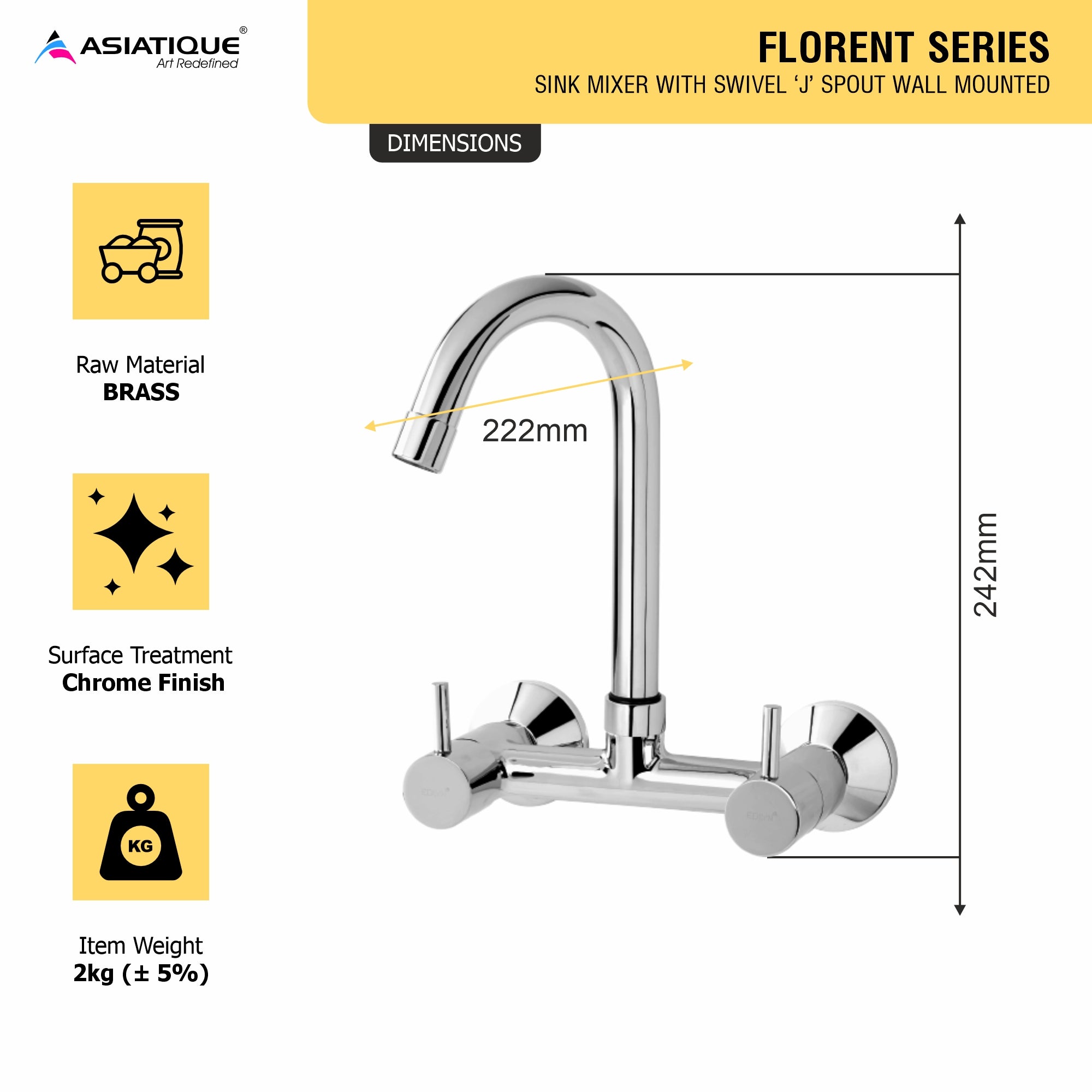 Asiatique Sink Mixer With Swivel ‘J’ Spout Wall Mounted (F-013), Florent Premium Brass Bathroom & Kitchen Faucet Collection, Chrome Finish Mixer, Pillar Cock & Wall Mounted Tap