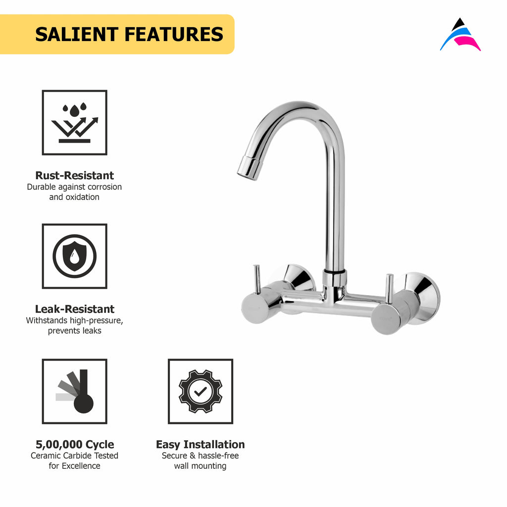 Asiatique Sink Mixer With Swivel ‘J’ Spout Wall Mounted (F-013), Florent Premium Brass Bathroom & Kitchen Faucet Collection, Chrome Finish Mixer, Pillar Cock & Wall Mounted Tap