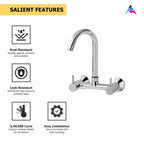 Asiatique Sink Mixer With Swivel ‘J’ Spout Wall Mounted (F-013), Florent Premium Brass Bathroom & Kitchen Faucet Collection, Chrome Finish Mixer, Pillar Cock & Wall Mounted Tap