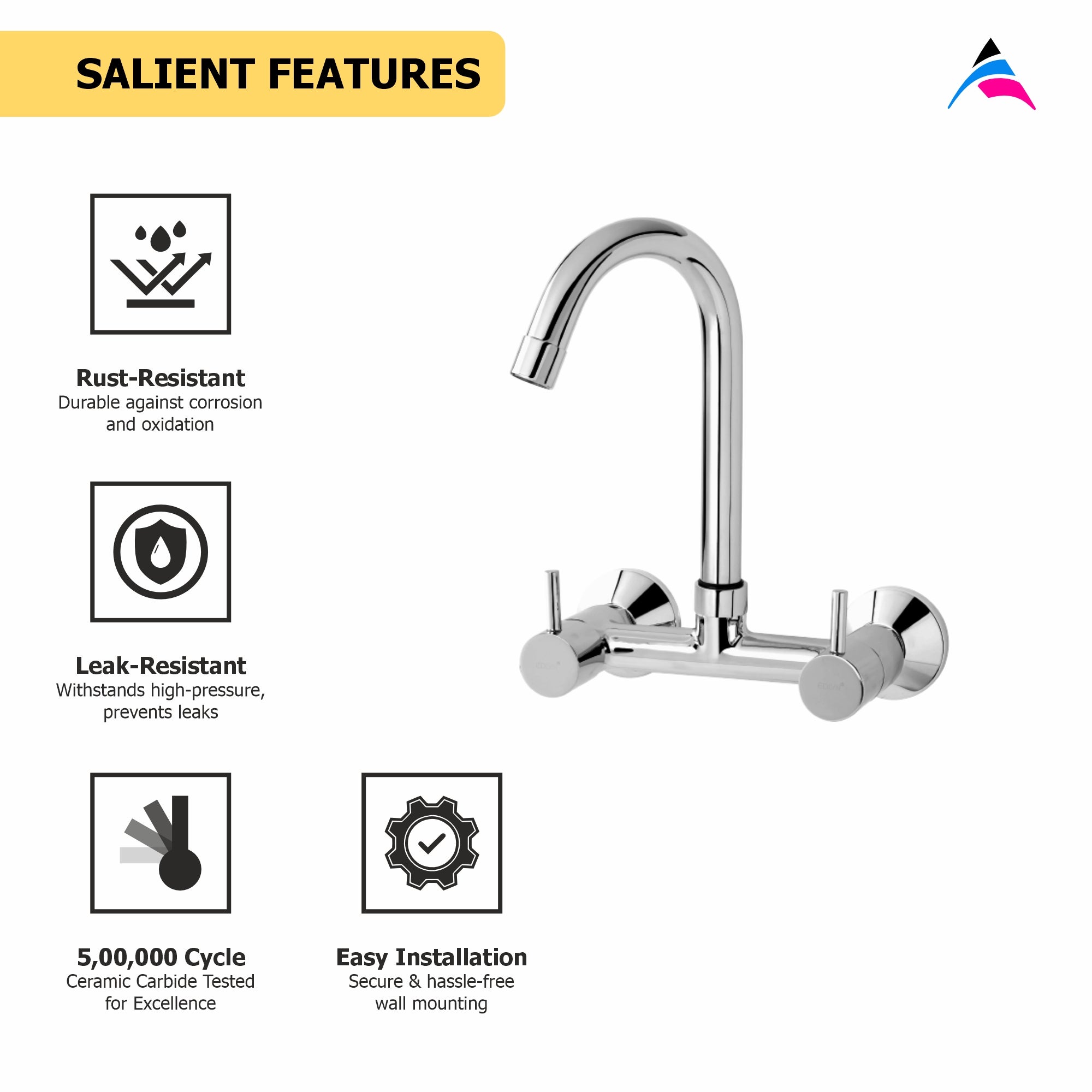Asiatique Sink Mixer With Swivel ‘J’ Spout Wall Mounted (F-013), Florent Premium Brass Bathroom & Kitchen Faucet Collection, Chrome Finish Mixer, Pillar Cock & Wall Mounted Tap