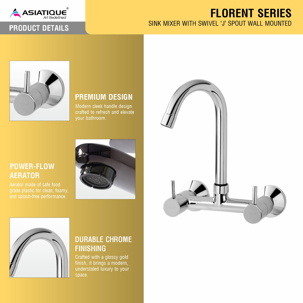 Asiatique Sink Mixer With Swivel ‘J’ Spout Wall Mounted (F-013), Florent Premium Brass Bathroom & Kitchen Faucet Collection, Chrome Finish Mixer, Pillar Cock & Wall Mounted Tap