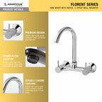 Asiatique Sink Mixer With Swivel ‘J’ Spout Wall Mounted (F-013), Florent Premium Brass Bathroom & Kitchen Faucet Collection, Chrome Finish Mixer, Pillar Cock & Wall Mounted Tap