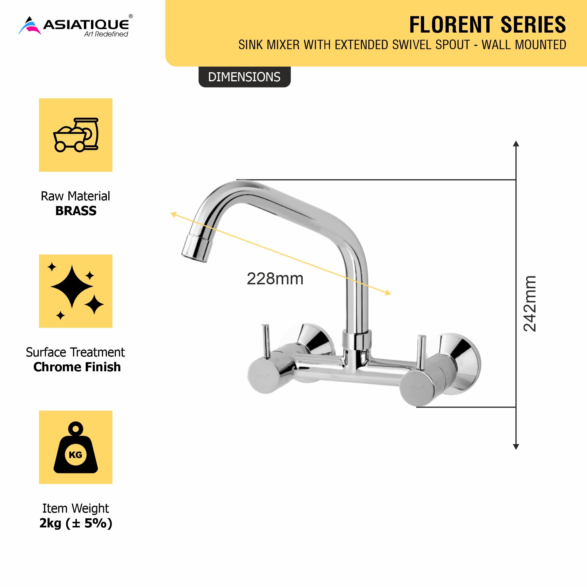 Asiatique Sink Mixer With Extended Swivel Spout - Wall Mounted (F-013EX), Florent Premium Brass Bathroom & Kitchen Faucet Collection, Chrome Finish Mixer, Pillar Cock & Wall Mounted Tap