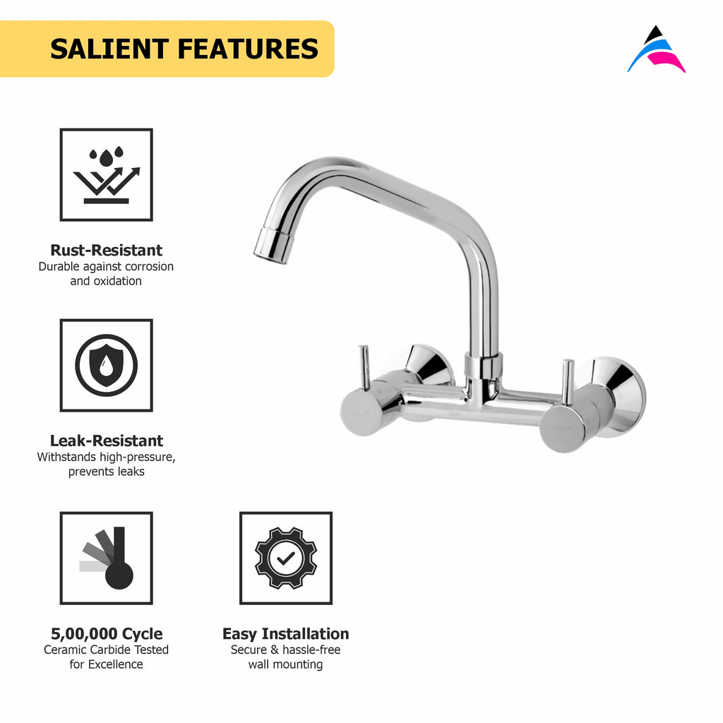 Asiatique Sink Mixer With Extended Swivel Spout - Wall Mounted (F-013EX), Florent Premium Brass Bathroom & Kitchen Faucet Collection, Chrome Finish Mixer, Pillar Cock & Wall Mounted Tap
