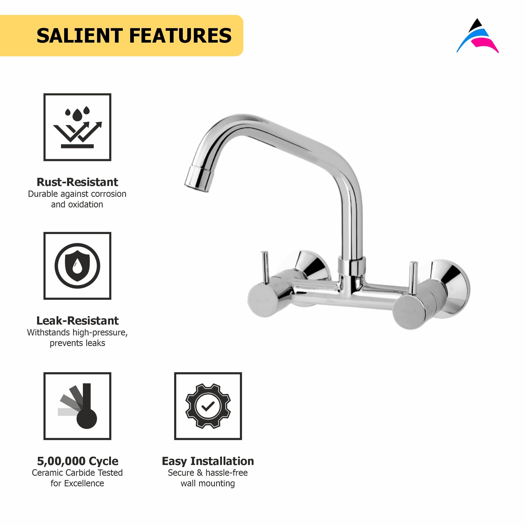 Asiatique Sink Mixer With Extended Swivel Spout - Wall Mounted (F-013EX), Florent Premium Brass Bathroom & Kitchen Faucet Collection, Chrome Finish Mixer, Pillar Cock & Wall Mounted Tap