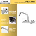 Asiatique Sink Mixer With Extended Swivel Spout - Wall Mounted (F-013EX), Florent Premium Brass Bathroom & Kitchen Faucet Collection, Chrome Finish Mixer, Pillar Cock & Wall Mounted Tap