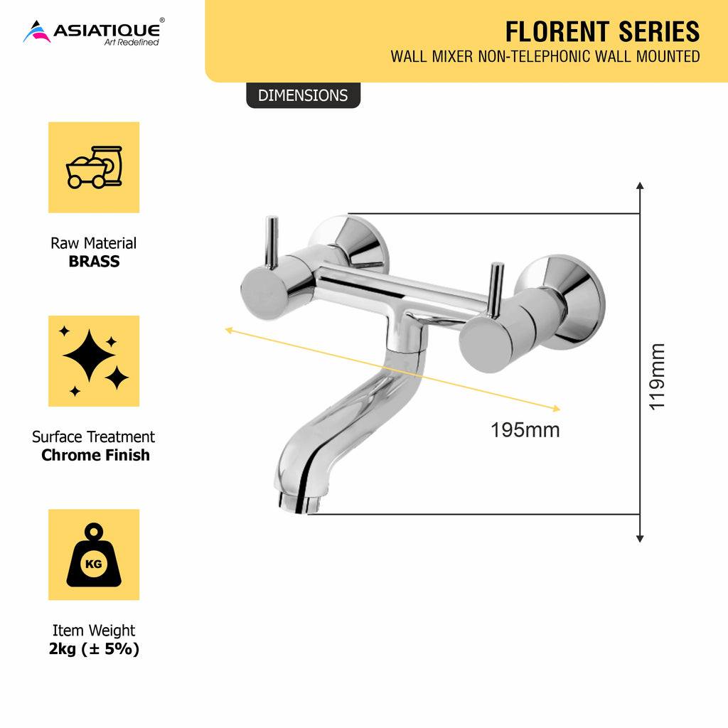 Asiatique Wall Mixer Non-Telephonic Wall Mounted (F-014), Florent Premium Brass Bathroom & Kitchen Faucet Collection, Chrome Finish Mixer, Pillar Cock & Wall Mounted Tap