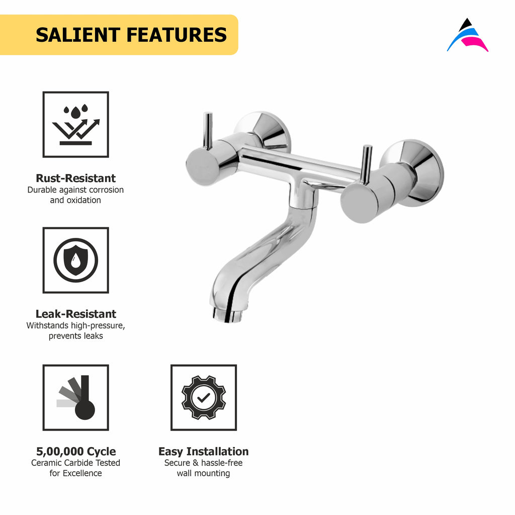 Asiatique Wall Mixer Non-Telephonic Wall Mounted (F-014), Florent Premium Brass Bathroom & Kitchen Faucet Collection, Chrome Finish Mixer, Pillar Cock & Wall Mounted Tap