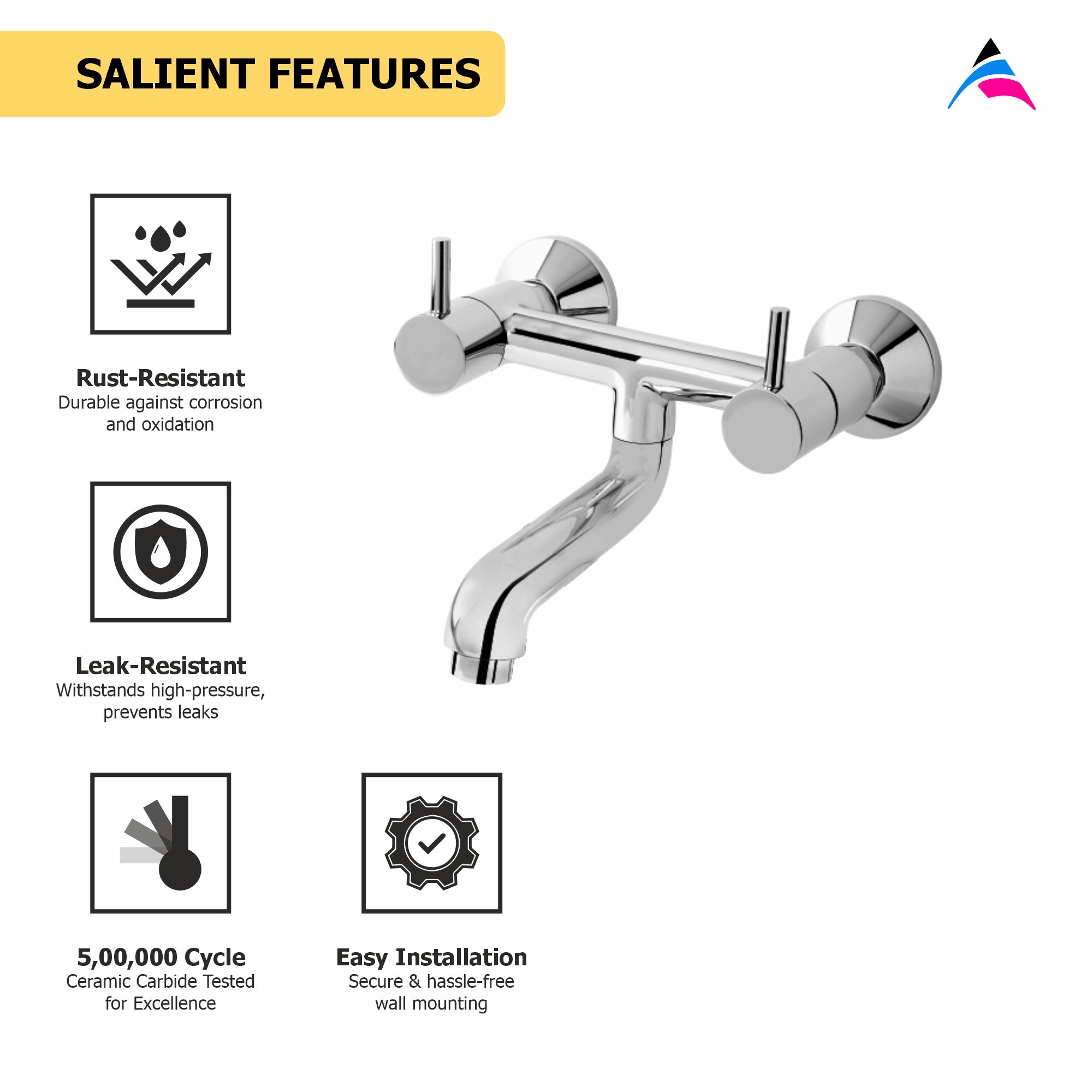 Asiatique Wall Mixer Non-Telephonic Wall Mounted (F-014), Florent Premium Brass Bathroom & Kitchen Faucet Collection, Chrome Finish Mixer, Pillar Cock & Wall Mounted Tap