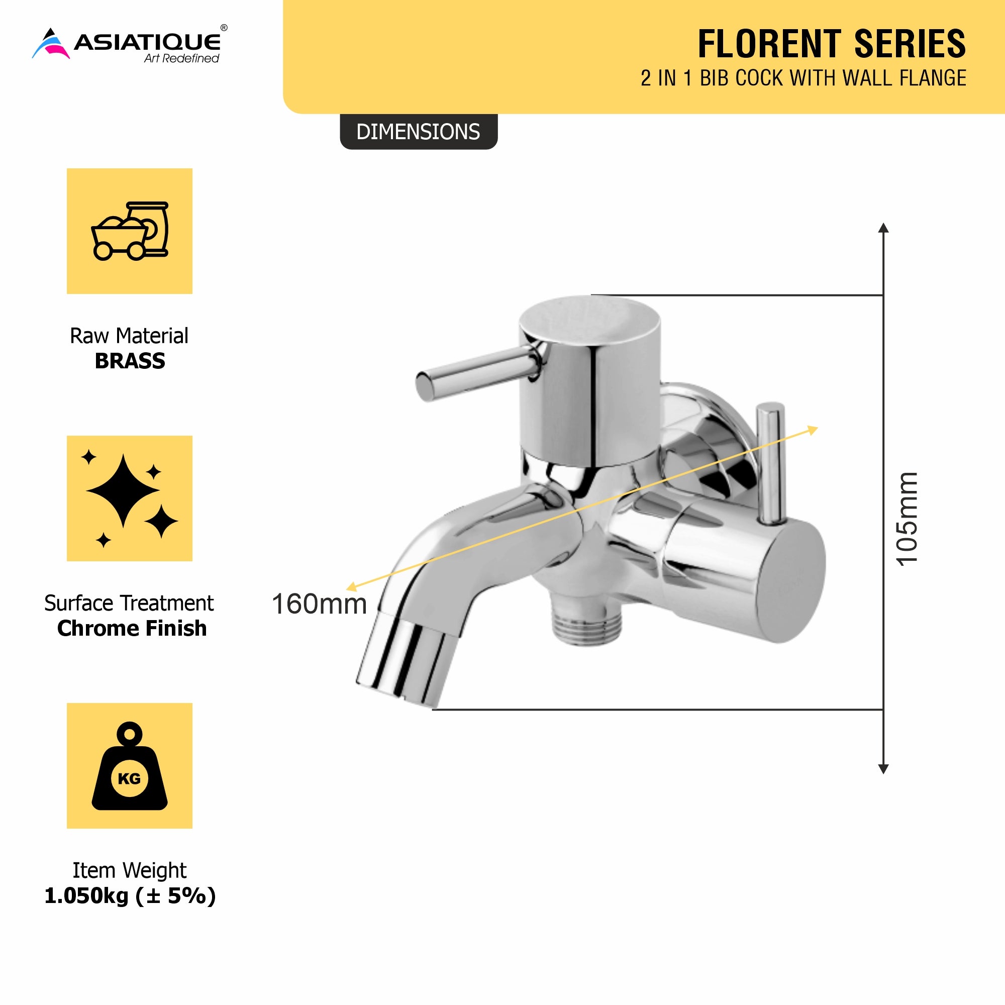 Asiatique 2 in 1 Bib Cock With Wall Flange (F-015), Florent Premium Brass Bathroom & Kitchen Faucet Collection, Chrome Finish Mixer, Pillar Cock & Wall Mounted Tap