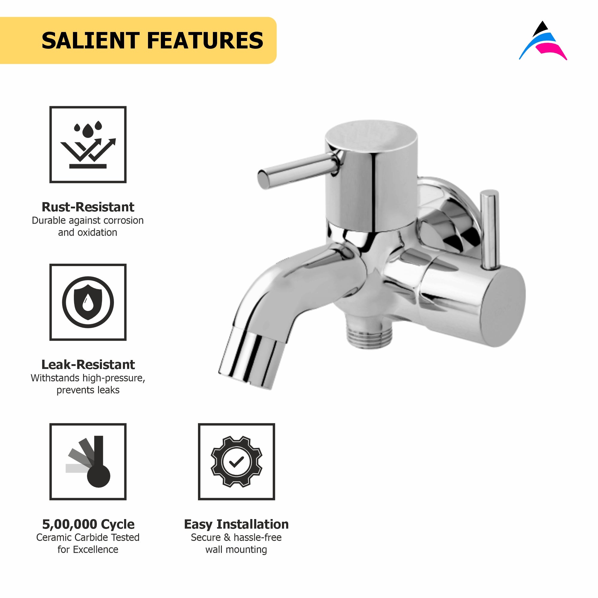 Asiatique 2 in 1 Bib Cock With Wall Flange (F-015), Florent Premium Brass Bathroom & Kitchen Faucet Collection, Chrome Finish Mixer, Pillar Cock & Wall Mounted Tap