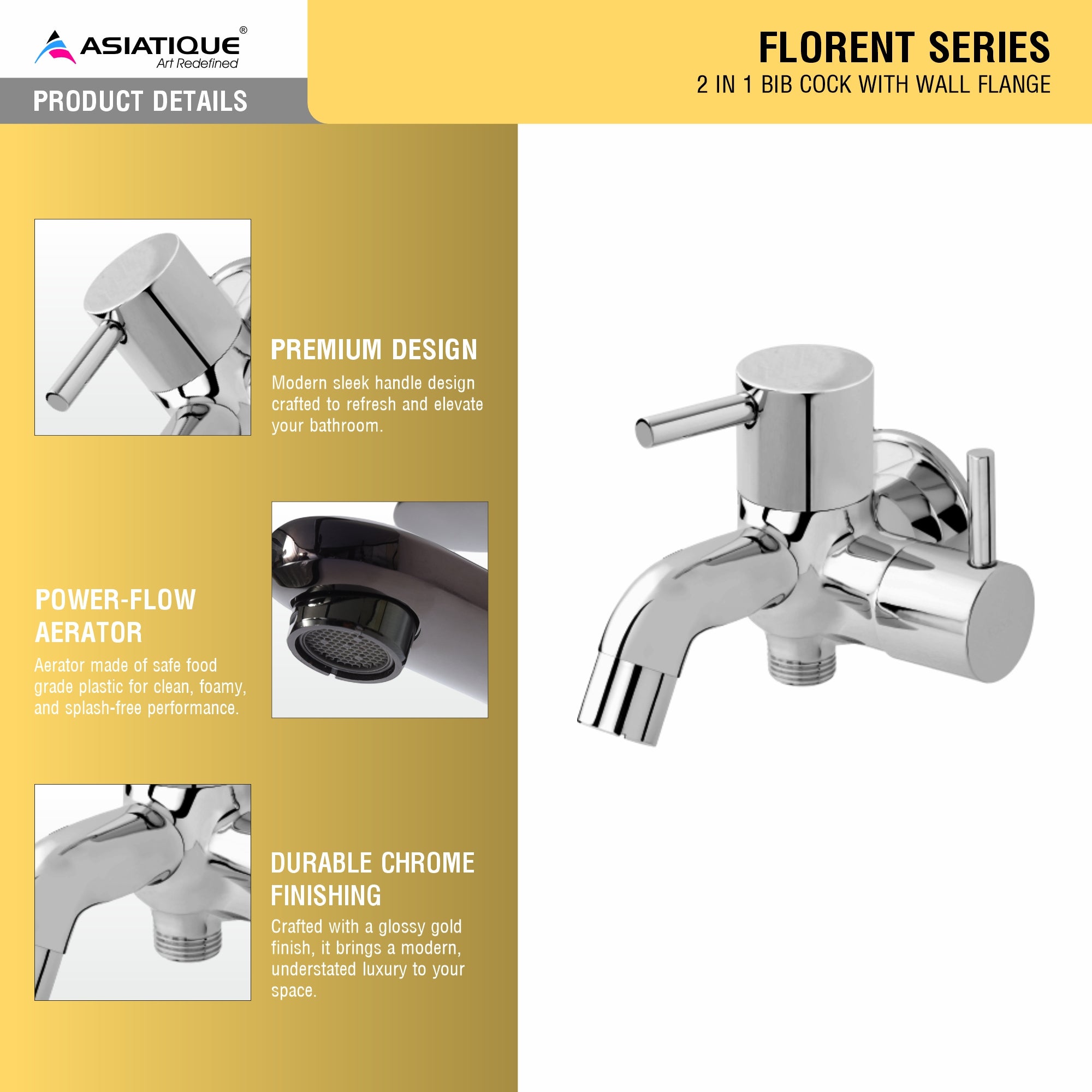 Asiatique 2 in 1 Bib Cock With Wall Flange (F-015), Florent Premium Brass Bathroom & Kitchen Faucet Collection, Chrome Finish Mixer, Pillar Cock & Wall Mounted Tap