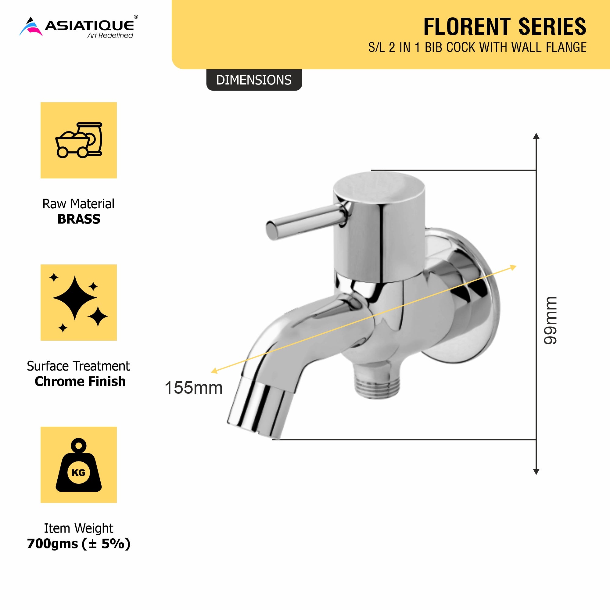 Asiatique S/L 2 In 1 Bib Cock With Wall Flange (F-015S/L), Florent Premium Brass Bathroom & Kitchen Faucet Collection, Chrome Finish Mixer, Pillar Cock & Wall Mounted Tap