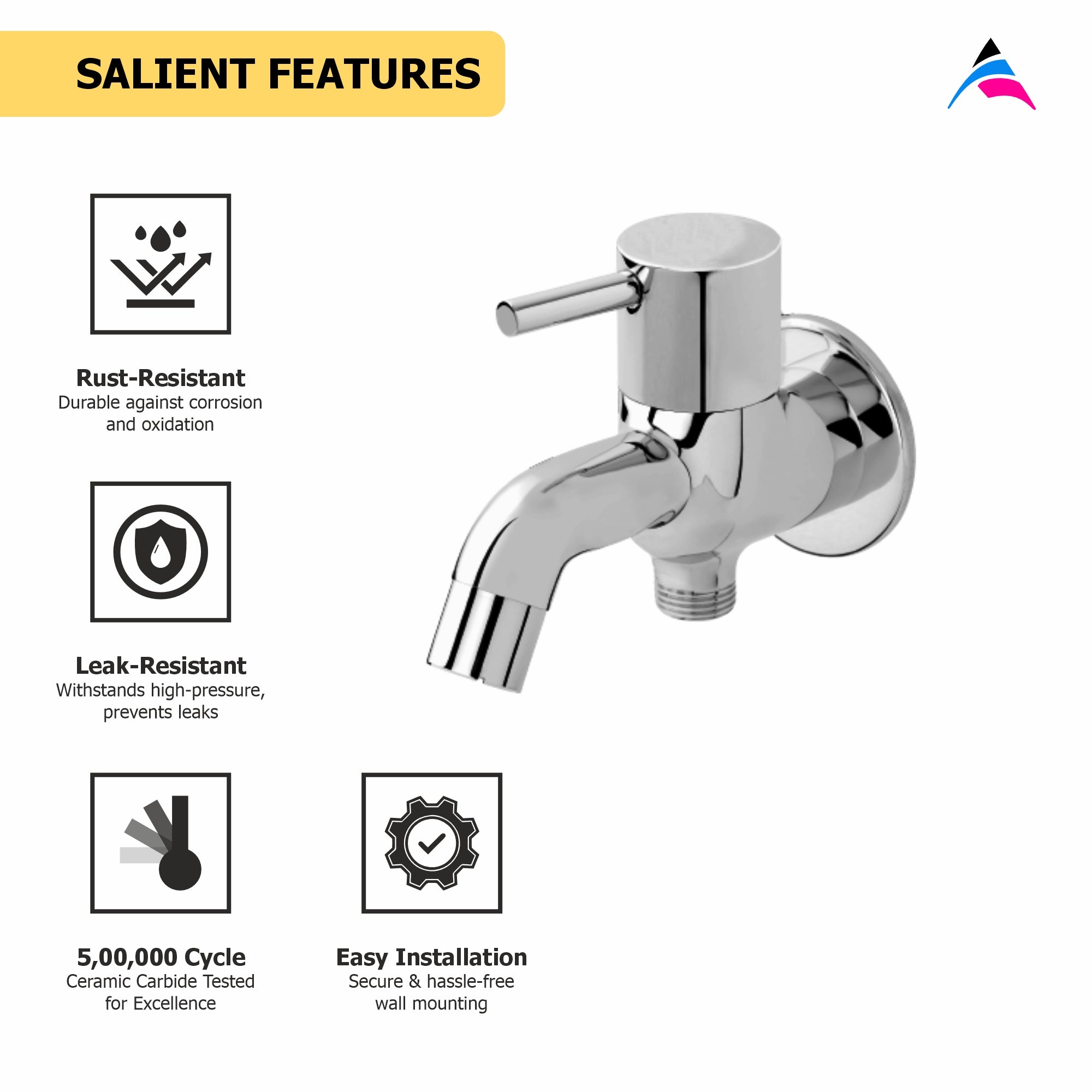 Asiatique S/L 2 In 1 Bib Cock With Wall Flange (F-015S/L), Florent Premium Brass Bathroom & Kitchen Faucet Collection, Chrome Finish Mixer, Pillar Cock & Wall Mounted Tap