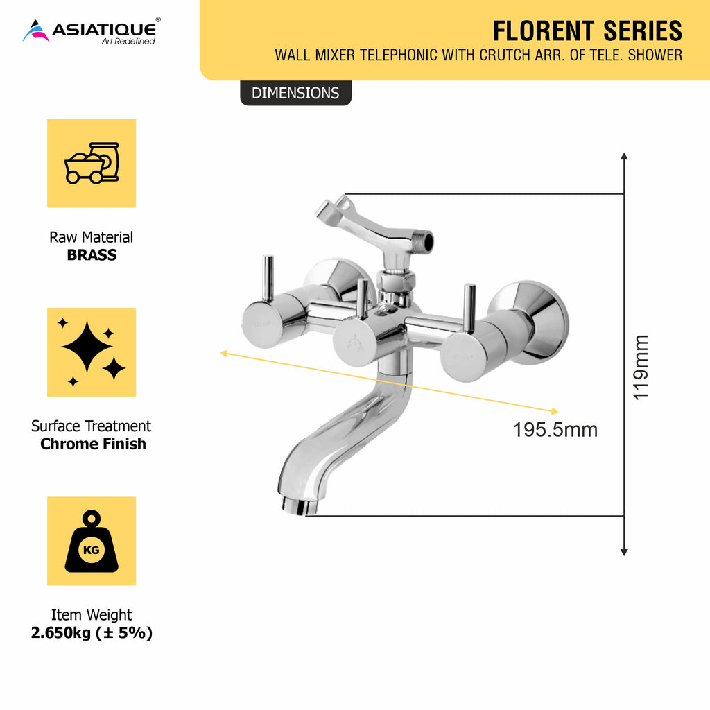 Asiatique Wall Mixer Telephonic With Crutch ARR. Of Tele. Shower (F-016), Florent Premium Brass Bathroom & Kitchen Faucet Collection, Chrome Finish Mixer, Pillar Cock & Wall Mounted Taps