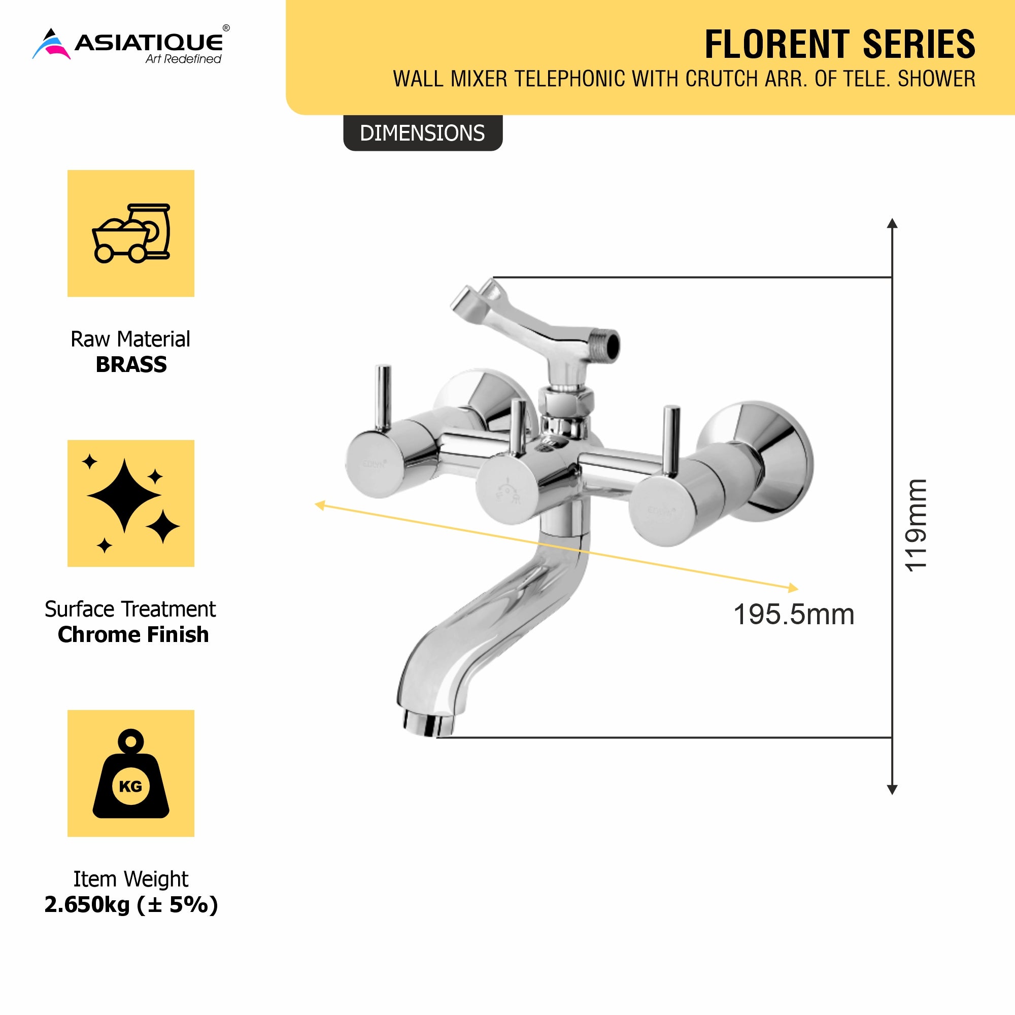 Asiatique Wall Mixer Telephonic With Crutch ARR. Of Tele. Shower (F-016), Florent Premium Brass Bathroom & Kitchen Faucet Collection, Chrome Finish Mixer, Pillar Cock & Wall Mounted Taps
