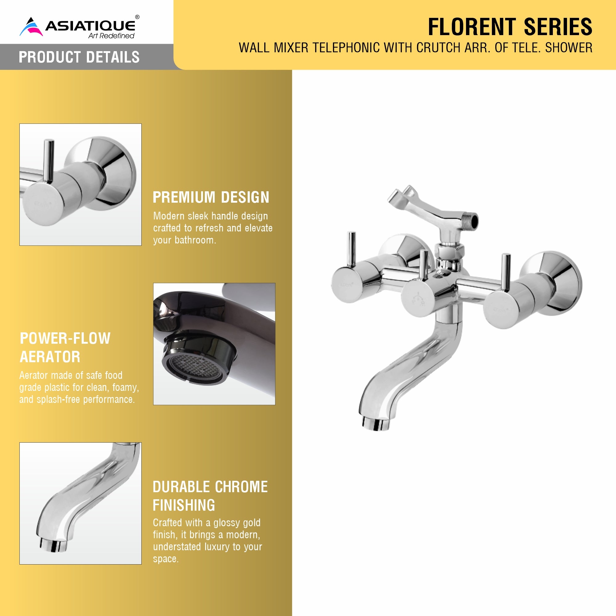 Asiatique Wall Mixer Telephonic With Crutch ARR. Of Tele. Shower (F-016), Florent Premium Brass Bathroom & Kitchen Faucet Collection, Chrome Finish Mixer, Pillar Cock & Wall Mounted Taps