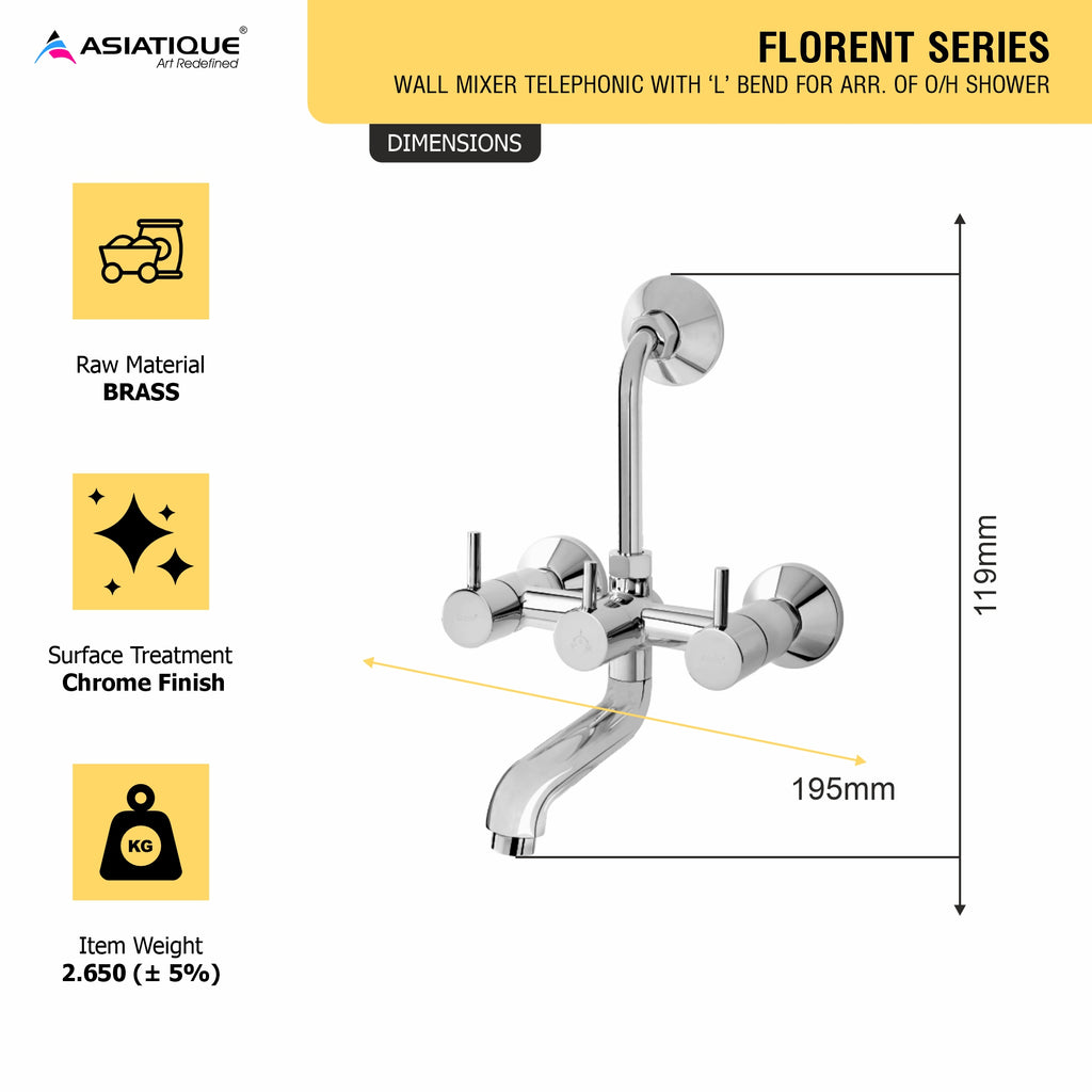 Asiatique Wall Mixer Telephonic With ‘L’ Bend for ARR. Of O/H Shower (F-017), Florent Premium Brass Bathroom & Kitchen Faucet Collection, Chrome Finish Mixer, Pillar Cock & Wall Mounted Taps