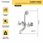 Asiatique Wall Mixer Telephonic With ‘L’ Bend for ARR. Of O/H Shower (F-017), Florent Premium Brass Bathroom & Kitchen Faucet Collection, Chrome Finish Mixer, Pillar Cock & Wall Mounted Taps