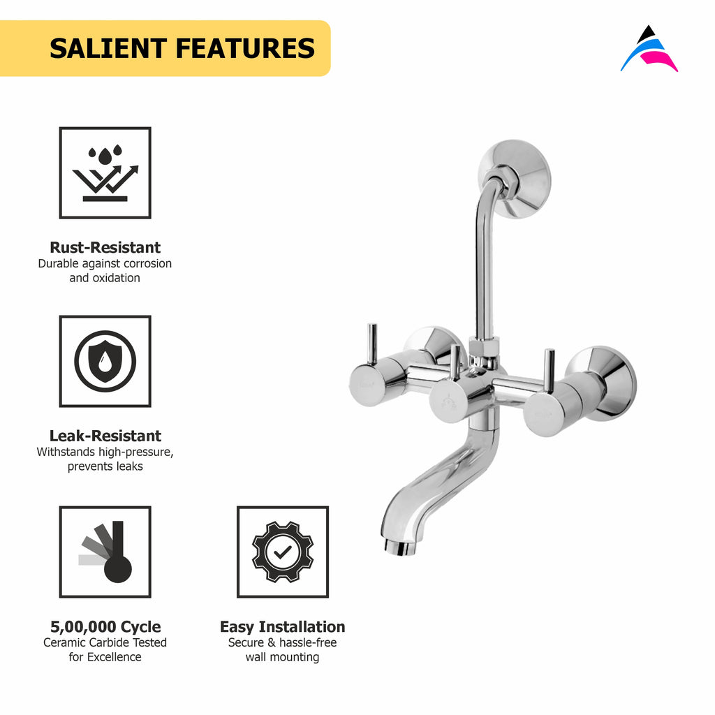 Asiatique Wall Mixer Telephonic With ‘L’ Bend for ARR. Of O/H Shower (F-017), Florent Premium Brass Bathroom & Kitchen Faucet Collection, Chrome Finish Mixer, Pillar Cock & Wall Mounted Taps